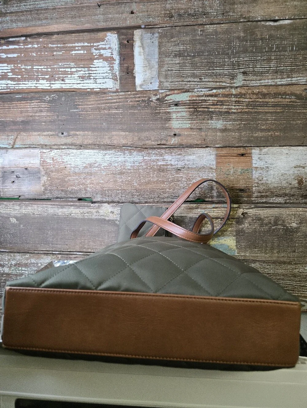 Tommy Hilfiger Olive Quilted Tote with Tan Trim and Matching Pouch, NWOT